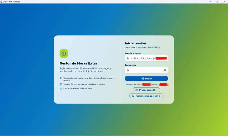Gestor de horas extra. Login