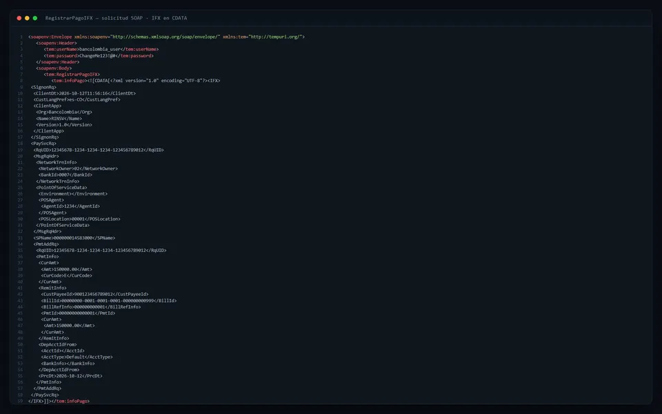 Pagos Integración una vía RIN Bancolombia. Solicitud soap ifx