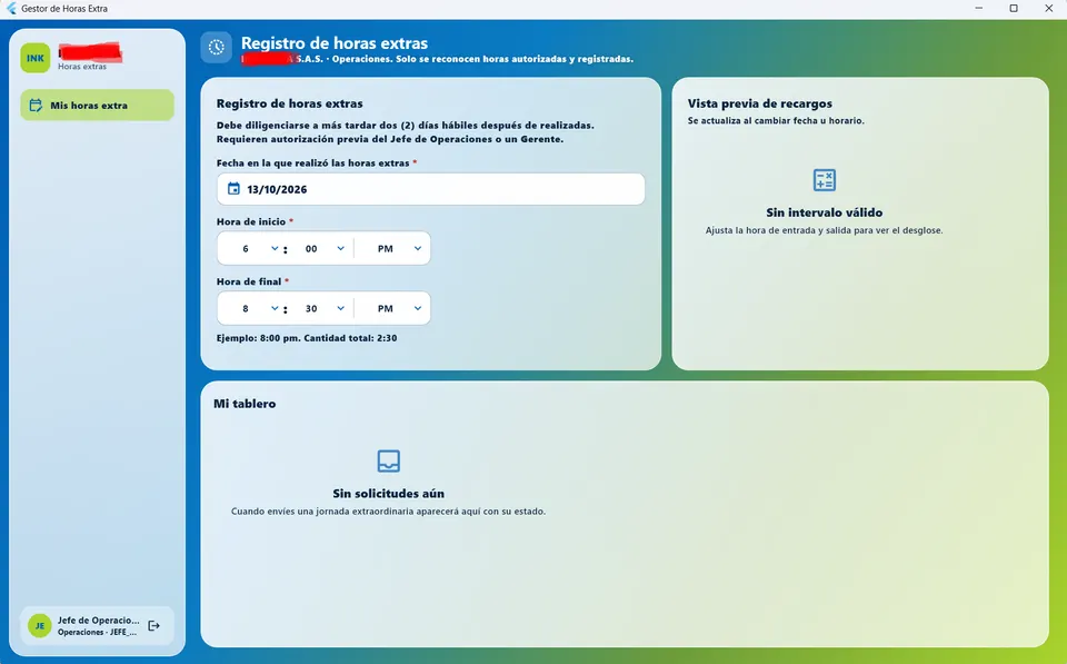 Gestor de horas extra. Dashboard